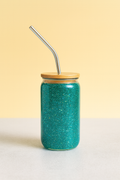 16oz Glitter glass cup with metal straw and bamboo lid