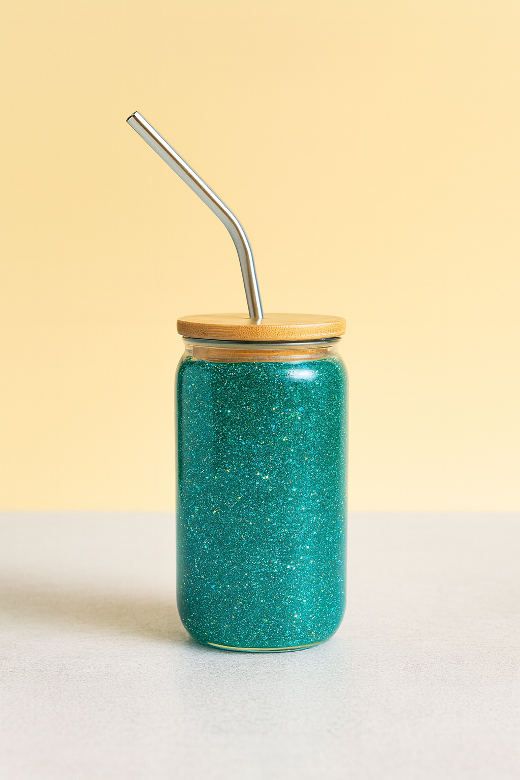 16oz Glitter glass cup with metal straw and bamboo lid